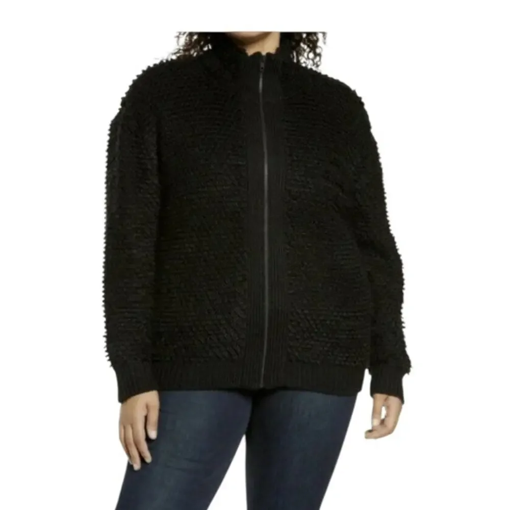 Treasure & Bond Womens Black Fuzzy Cozy Loop Yarn Front Zip Cardigan Large NWT